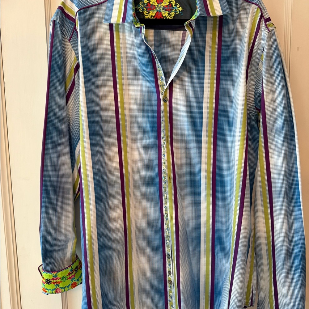 adidas‎ Vertical Stripe Button-Down Shirt in Blue, Purple & Green
